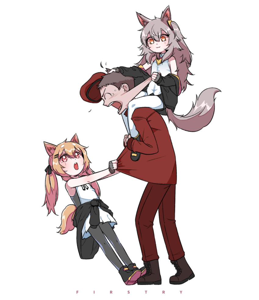 1boy 2girls :3 ^_^ aged_down animal_ear_fluff animal_ears beret cheek_pull closed_eyes clothes_grab commander_(girls'_frontline) fox_ears fox_tail girls'_frontline griffin_&_kryuger_military_uniform hat highres kemonomimi_mode long_hair mogijabgo multiple_girls open_mouth pantyhose short_hair sidelocks simple_background tail tears twintails ump45_(girls'_frontline) ump9_(girls'_frontline) unworn_hat unworn_headwear very_long_hair very_short_hair white_background