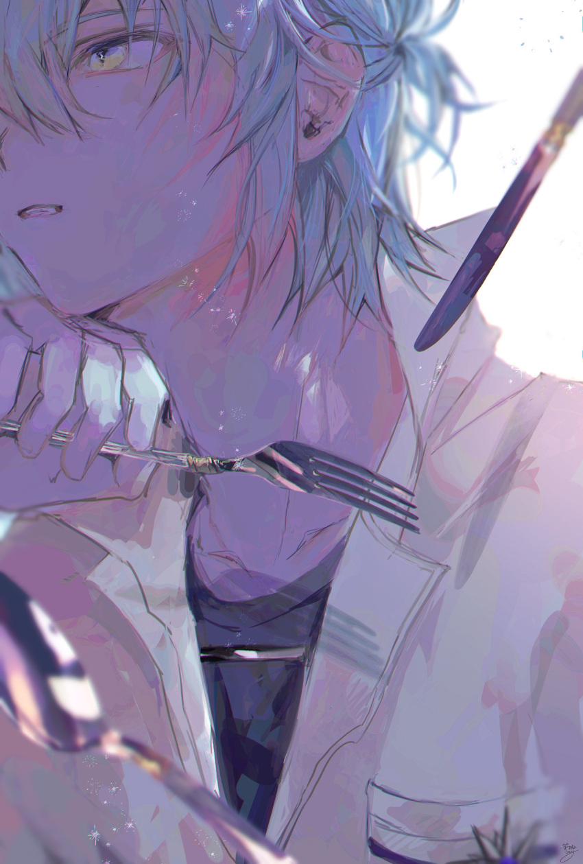 1boy absurdres black_shirt blue_hair blurry butter_knife collared_shirt depth_of_field fork hair_between_eyes half_updo highres holding holding_fork kitsunekotori looking_afar mahoutsukai_no_yakusoku male_focus nero_turner parted_lips portrait shirt shirt_under_shirt simple_background solo spoon white_background white_shirt yellow_eyes