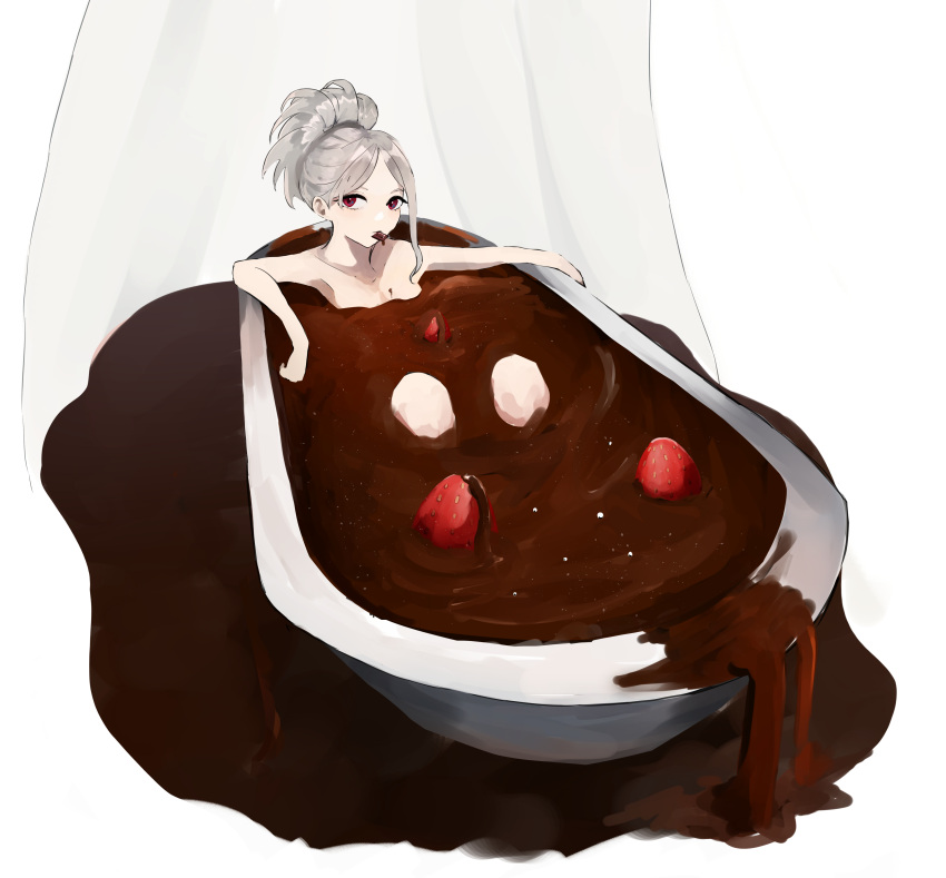 absurdres bath bathing bathtub chocolate chocolate_bath completely_nude female food food_in_mouth fruit grey_hair highres knees_up looking_at_viewer medium_hair mouth_hold nude original partially_submerged pikuson purple_eyes simple_background solo spilling strawberry wet_and_messy white_background white_hair