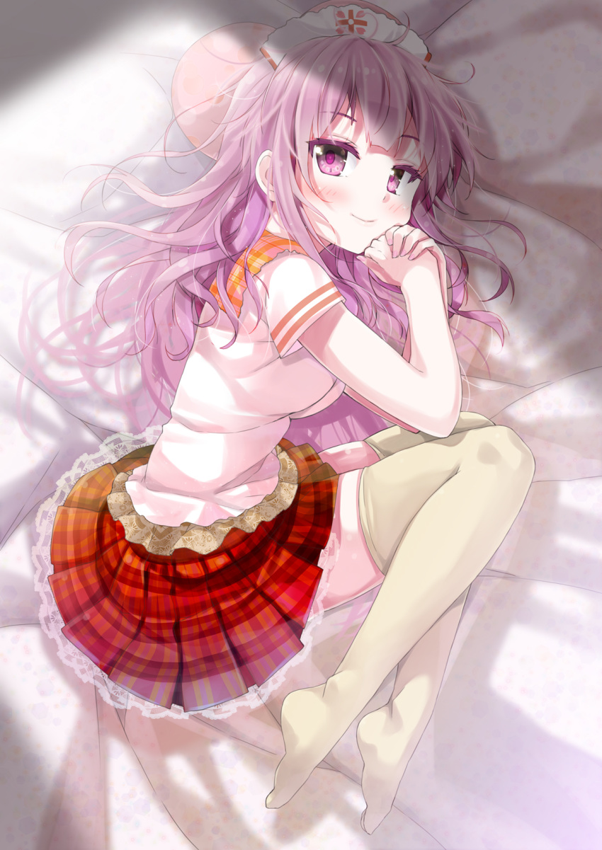 amazake_(cafe-chan_to_break_time) bed_sheet blush breasts brown_thighhighs cafe-chan_to_break_time commentary_request female full_body hands_up highres knees_up lace lace-trimmed_skirt lace_trim long_hair lying medium_breasts nail_polish no_shoes on_side own_hands_together pink_nails plaid plaid_skirt pleated_skirt porurin purple_eyes purple_hair red_skirt shirt short_sleeves skirt solo thighhighs very_long_hair white_headwear white_shirt