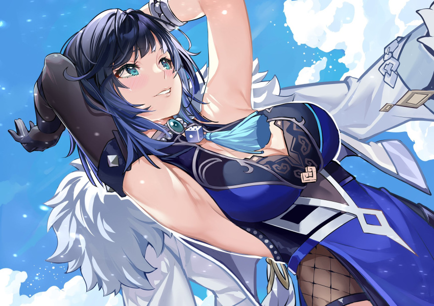 aqua_eyes armpits arms_up black_gloves blue_hair blush breasts brooch chinese_commentary commentary elbow_gloves female genshin_impact gloves highres jewelry kikimi large_breasts outdoors parted_lips short_hair smile solo yelan_(genshin_impact)