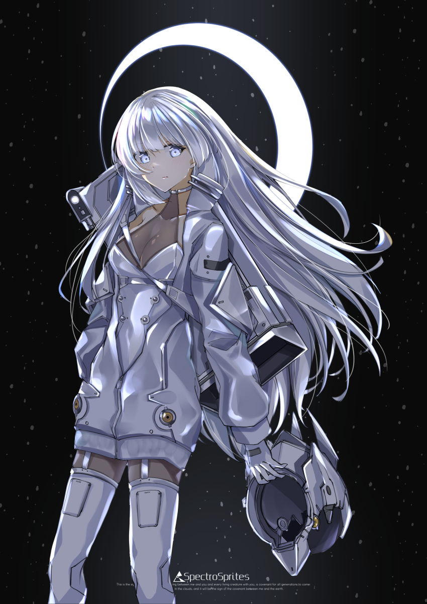 breasts cleavage feet_out_of_frame female ffffff_(sarasadou_dan) helmet highres jacket long_hair long_sleeves medium_breasts moon original partially_unzipped sarasadou_dan science_fiction sky star_(sky) starry_sky thighhighs unworn_headwear unworn_helmet white_jacket