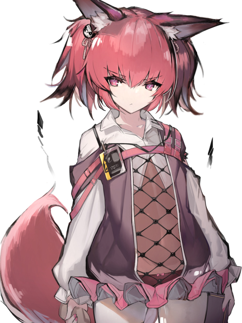 animal_ear_fluff animal_ears arknights book cowboy_shot female fox_ears fox_girl fox_tail frilled_skirt frills hair_ornament highres long_sleeves looking_at_viewer morte_(arknights) panties pantyhose pink_hair red_eyes red_panties scowl shamare_(arknights) shirt short_hair simple_background skirt solo standing strap_slip stuffed_animal stuffed_toy symbol-shaped_pupils tail twintails underwear v-shaped_eyebrows white_background white_pantyhose white_shirt yki