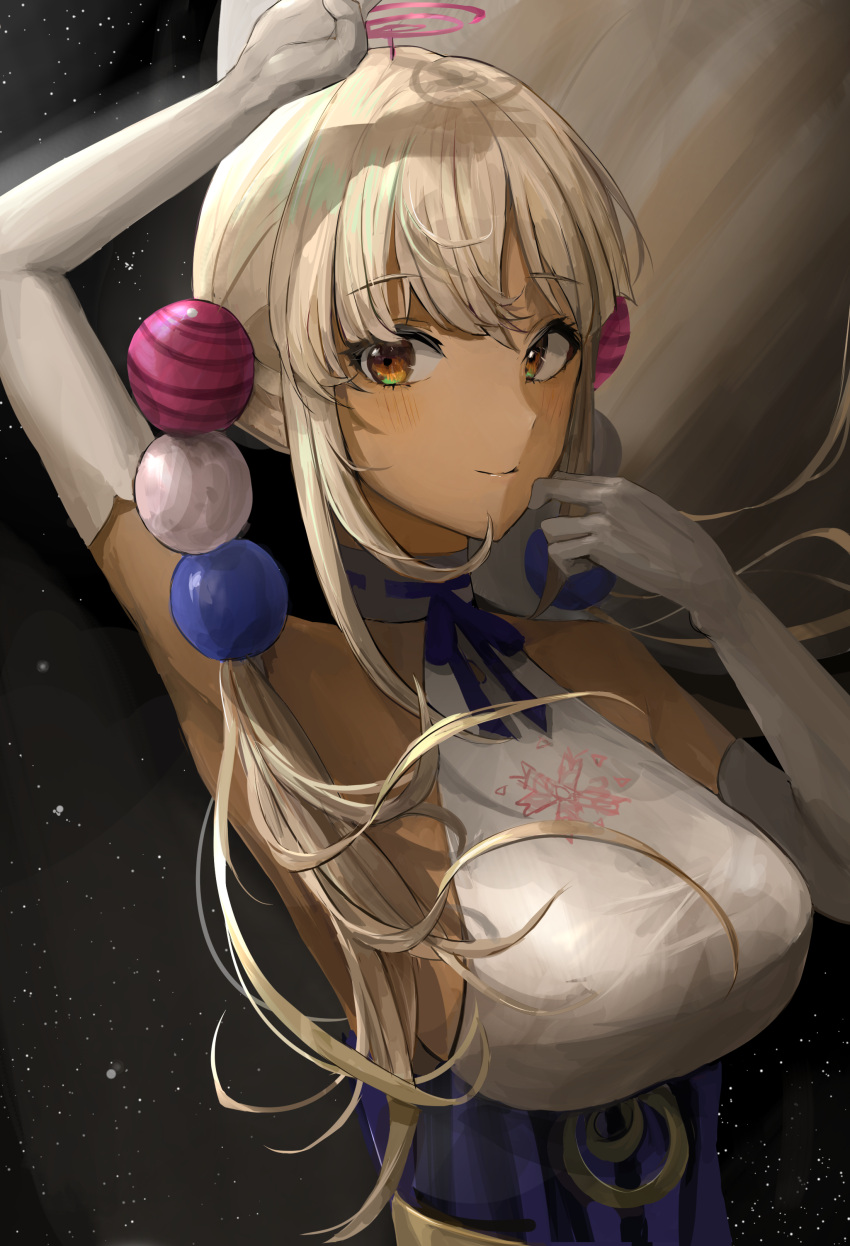 absurdres belt blonde_hair blush breasts chan1moon choker closed_mouth dark-skinned_female dark_skin dress earrings elbow_gloves female gloves hair_ornament halterneck highres hololive hololive_english jewelry large_breasts limiter_(tsukumo_sana) long_hair looking_at_viewer low_twintails planet_hair_ornament sleeveless sleeveless_dress smile smirk solo tsukumo_sana tsukumo_sana_(1st_costume) twintails very_long_hair virtual_youtuber white_gloves yellow_eyes