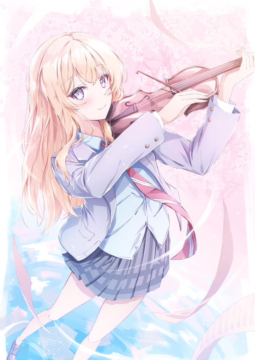 absurdres bad_id bad_pixiv_id cherry_blossoms daidai_(daidai826) female highres instrument looking_at_viewer miyazono_kawori scenery school_uniform shigatsu_wa_kimi_no_uso uniform violin