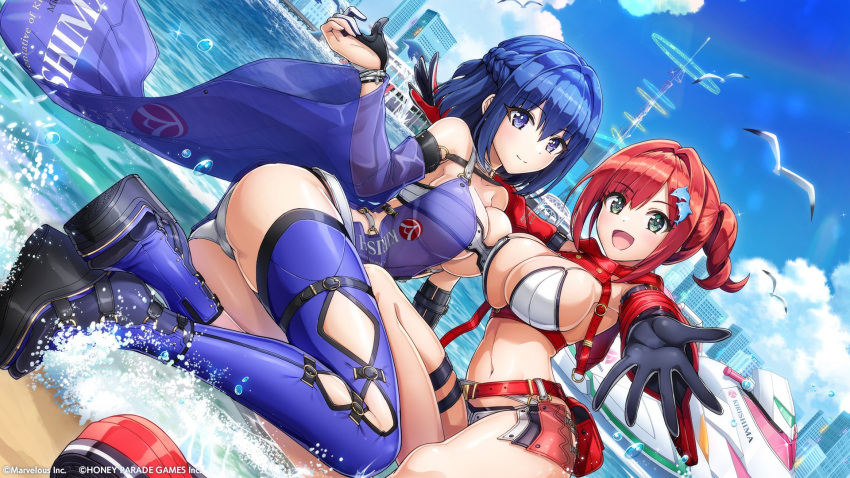 2girls asymmetrical_legwear beach bikini bird blue_eyes blue_hair blue_sky boots braid breasts building cloud detached_sleeves dolphin_wave gloves green_eyes hair_ornament hairclip half_gloves highres large_breasts looking_at_viewer multiple_girls official_art ootomo_takuji open_mouth outstretched_arm red_hair sakimiya_iruka seagull short_hair side_braid side_ponytail sky smile swimsuit thigh_strap thighhighs tojou_michiru wide_sleeves