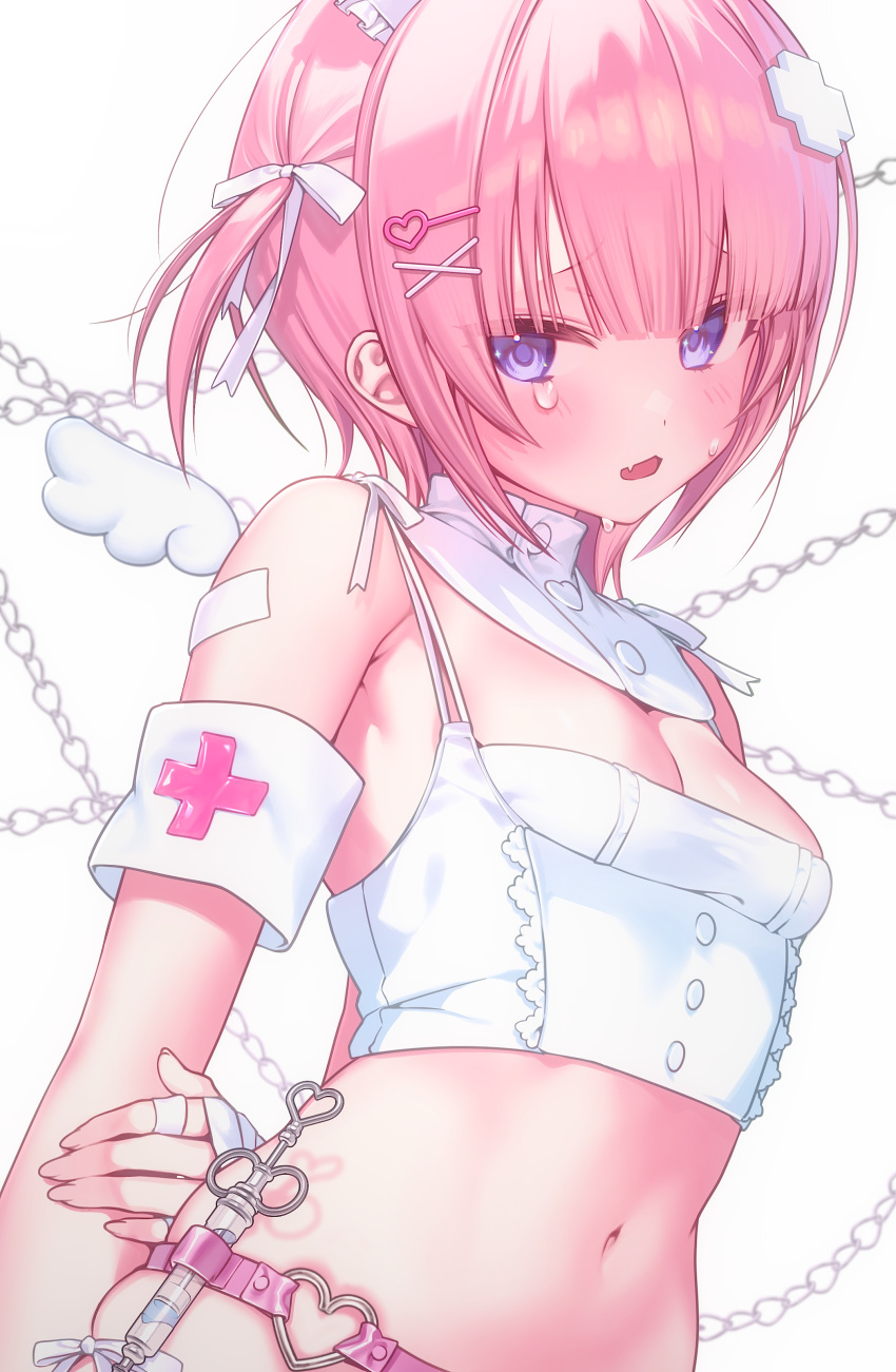 absurdres angel_wings arm_behind_back armband bandaged_wrist bandages bandaid bandaid_on_arm belt blush breasts camisole chains cleavage collar commentary cross cross_print detached_collar female hair_ornament hair_ribbon hairclip heart heart_hair_ornament heart_o-ring highres kuma_4go medium_hair navel nurse o-ring o-ring_belt oerba_yun_fang open_mouth original pink_belt pink_hair purple_eyes ribbon skin_fang solo stomach syringe white_armband white_background white_camisole white_collar white_ribbon white_wings wings