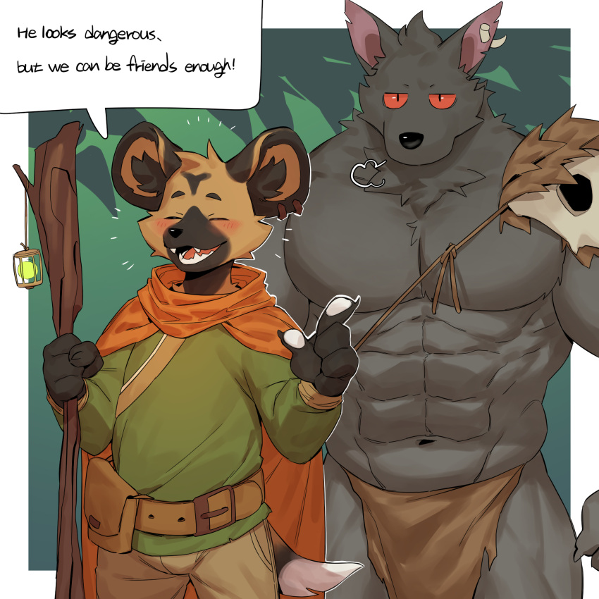 1:1 abs african_wild_dog anthro barazoku big_muscles black_body black_fur black_nose blush bottomwear canid canine canis cape claws closed_eyes clothed clothing dialogue duo ear_piercing english_text fur hi_res huge_muscles impwitter larger_anthro larger_male loincloth loincloth_only male mammal manly muscular muscular_anthro muscular_legs muscular_male muscular_thighs notched_ear piercing red_sclera sharp_teeth size_difference smaller_anthro smaller_male smile speech_bubble tail teeth text thick_thighs tongue topless wolf