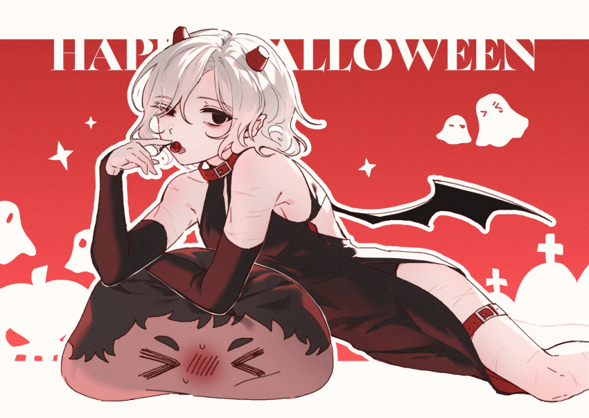 >_< 1boy androgynous animal_collar bags_under_eyes black_dress black_eyes black_hair black_wings blush broken_horns cherry collar crossdressing curly_hair dark-skinned_male dark_skin demon_horns demon_wings detached_sleeves dress dungeon_meshi elf feet_out_of_frame food fruit grey_hair halloween happy_halloween highres holding holding_cherry holding_food holding_fruit horns kabru lazy_eye legband lella_nyam looking_at_viewer lying male_focus mithrun multiple_scars notched_ear on_pillow otoko_no_ko pointy_ears red_background scar short_hair sleeveless sleeveless_dress solo sweatdrop uneven_eyes white_background wings