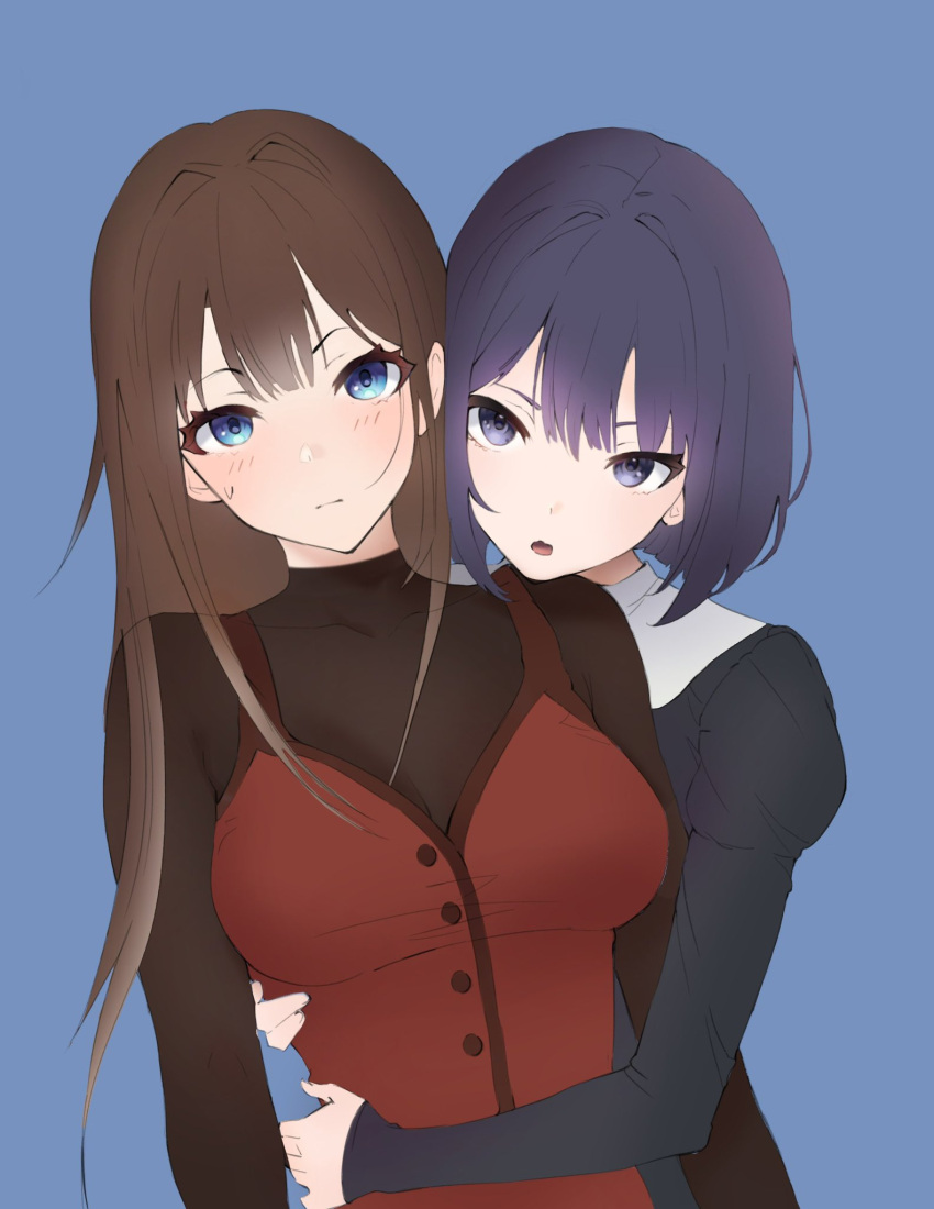 2girls aozaki_aoko blue_background blue_eyes breasts chaiijpg closed_mouth commentary english_commentary hair_intakes hands_on_another's_waist highres hug kuonji_alice large_breasts layered_clothes light_blush long_hair long_sleeves looking_at_viewer mahou_tsukai_no_yoru medium_hair multiple_girls open_mouth simple_background sweatdrop sweater turtleneck turtleneck_sweater unfinished upper_body waist_hug