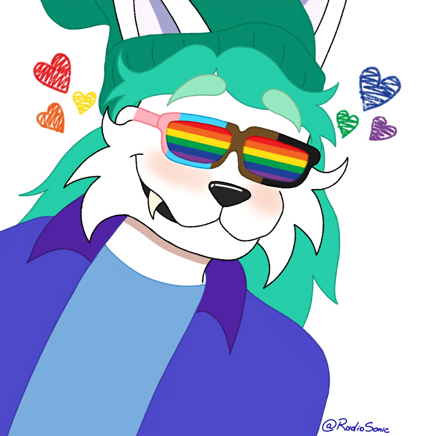 alex_(radiosonic94) anthro black_nose blue_clothing blue_shirt blue_topwear blush canid canine canis clothing domestic_dog ears_up eyewear fur glasses green_clothing green_hair green_hat green_headwear hair happy hat headgear headwear heart_symbol hi_res jacket lgbt lgbt_pride lgbt_pride_month lgbt_rainbow lgbtq+ male mammal open_mouth purple_clothing purple_jacket purple_topwear radiosonic94 sack shirt simple_background smile smiley_face solo teeth topwear white_body white_fur white_skin winter_hat