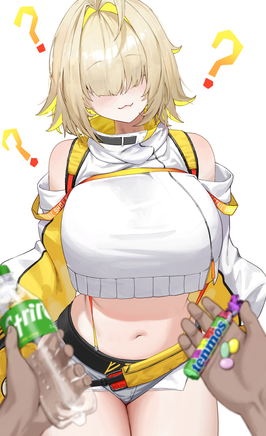 absurdres armpit_crease bare_shoulders blonde_hair blush breasts candy closed_mouth clothing_cutout colored_inner_hair commentary crop_top crop_top_overhang cropped_sweater cropped_torso elegg_(nikke) eyes_visible_through_hair female food gloves goddess_of_victory:_nikke grey_shorts hair_between_eyes hair_intakes hair_over_eyes hands_on_own_chest hands_up highres holding holding_candy holding_food long_sleeves looking_at_viewer midriff multicolored_hair navel nikku_nana purple_eyes short_hair short_shorts shorts shoulder_cutout simple_background smile soda_bottle solo standing stomach suspenders sweater symbol-only_commentary two-tone_gloves two-tone_hair vambraces white_background white_sweater yellow_gloves