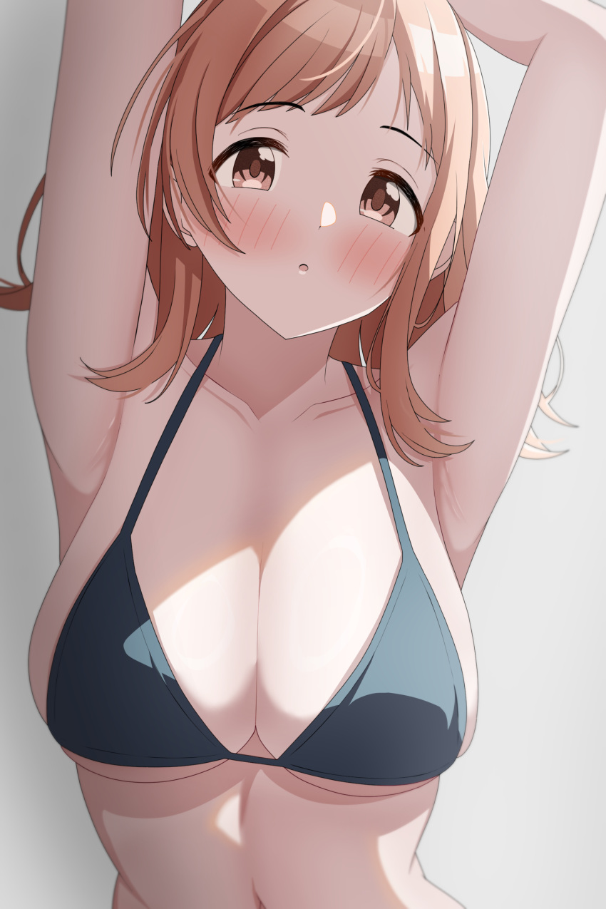 :o absurdres armpits arms_up bikini black_bikini blush breasts brown_hair collarbone commentary female halterneck highres idolmaster idolmaster_shiny_colors large_breasts linea_alba looking_at_viewer musha_no_kozi navel presenting_armpit sakuragi_mano solo swimsuit upper_body