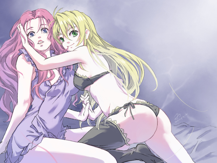 2girls aeru_(simoun) ass between_legs black_bra black_panties black_thighhighs blonde_hair bra camisole closed_mouth commentary_request dated green_eyes hand_in_another's_hair highres holding_hands interlocked_fingers lingerie long_hair multiple_girls neviril_(simoun) nichiju_(you) open_mouth panties pink_hair purple_background purple_camisole purple_eyes simoun sitting smile thighhighs underwear yuri