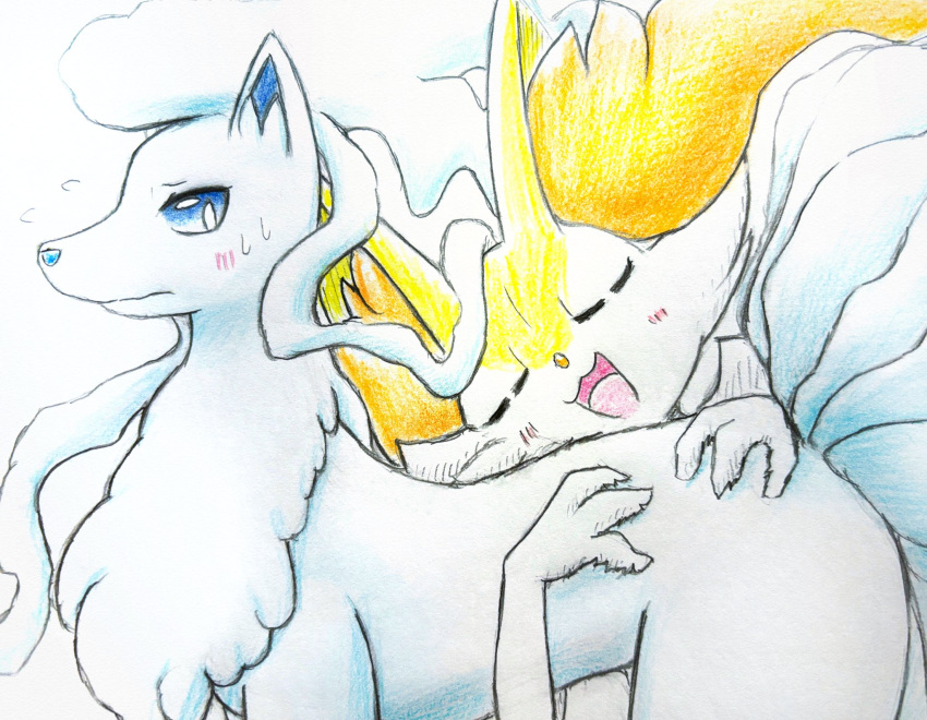 2024 alolan_form alolan_ninetales ambiguous_gender anthro blue_body blue_eyes blue_fur blush blush_lines bodily_fluids braixen closed_eyes duo eiroru feral fur generation_1_pokemon generation_6_pokemon generation_7_pokemon graphite_(artwork) hi_res hug inner_ear_fluff ninetales nintendo open_mouth orange_body orange_fur pokemon pokemon_(species) regional_form_(pokemon) simple_background sweat sweatdrop tongue traditional_media_(artwork) tuft white_body white_fur