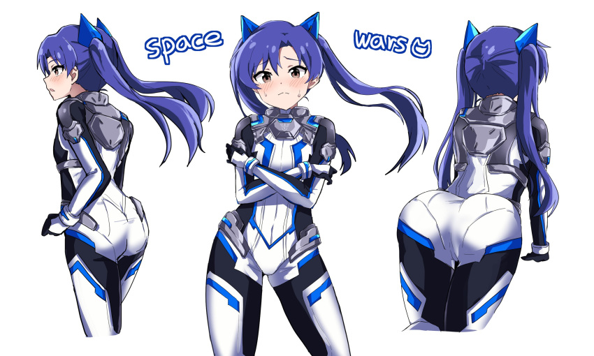 ass blue_hair blush bodysuit brown_eyes commentary cowboy_shot crossed_arms female from_behind from_side hair_between_eyes hair_ornament highres idolmaster idolmaster_(classic) idolmaster_million_live! idolmaster_million_live!_theater_days kisaragi_chihaya koubashiifuna leaning_forward looking_at_viewer multiple_views simple_background sweat twintails white_background white_bodysuit