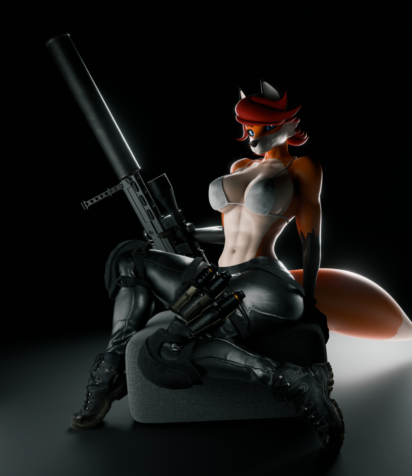 3d_(artwork) abs absurd_res anthro bikini bikini_top blender_(artwork) blender_cycles boots canid canine clothing combat_boots digital_media_(artwork) female footwear fox gun hi_res mammal muscular muscular_female ranged_weapon red_fox rifle rileyfoxxo shoes sitting solo swimwear true_fox two-piece_swimsuit weapon