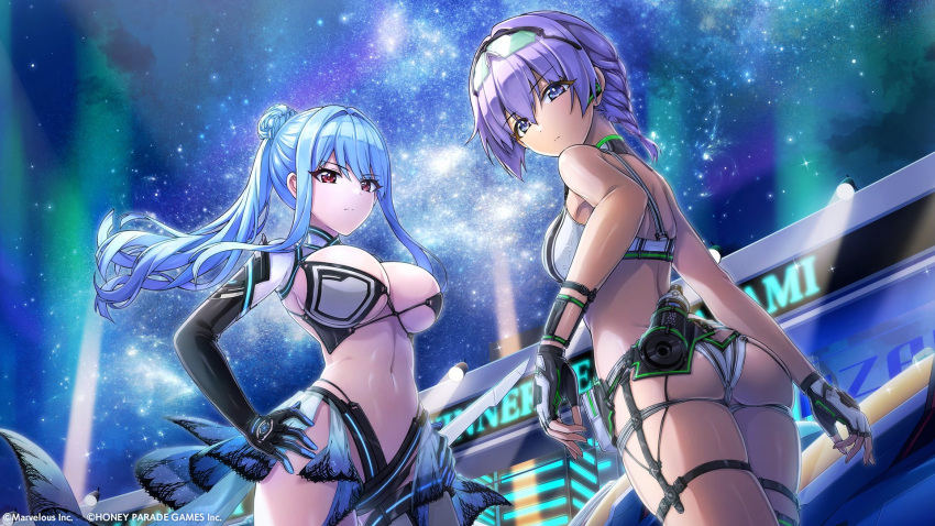 2girls bare_arms bikini blue_eyes blue_hair breasts dark-skinned_female dark_skin dolphin_wave elbow_gloves fingerless_gloves gloves goggles goggles_on_head hand_on_own_hip highres large_breasts long_hair looking_at_viewer looking_back medium_breasts multiple_girls navel nayuki_hiori night night_sky official_art ootomo_takuji ponytail purple_hair red_eyes skindentation sky souma_hayate star_(sky) starry_sky swimsuit thighhighs