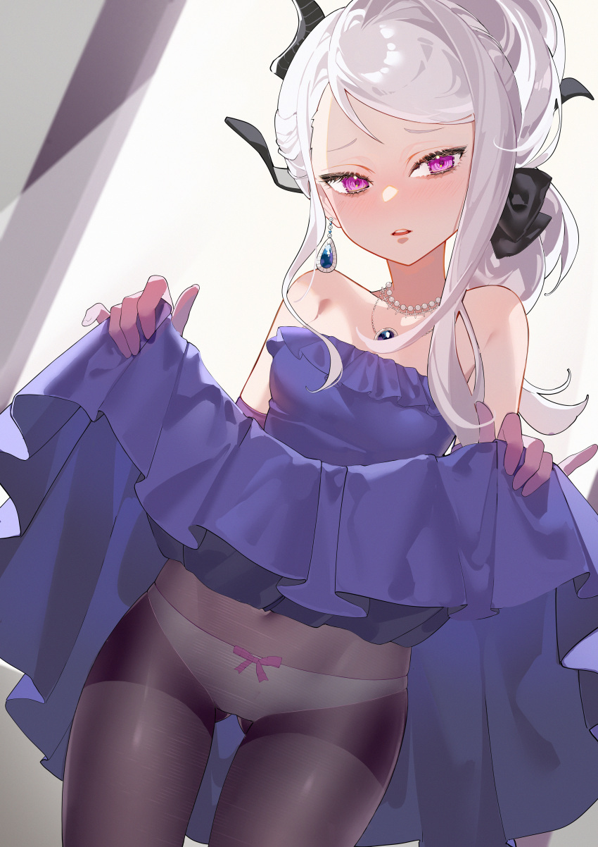 absurdres black_pantyhose blue_archive bow bow_panties clothes_lift demon_horns dress dress_lift earrings female gloves hair_tie highres hina_(blue_archive) hina_(dress)_(blue_archive) horns jewelry kururu_(qqqqq59508750) lifting_own_clothes long_hair looking_at_viewer multiple_horns necklace official_alternate_costume panties panties_under_pantyhose pantyhose purple_eyes solo underwear white_hair white_panties