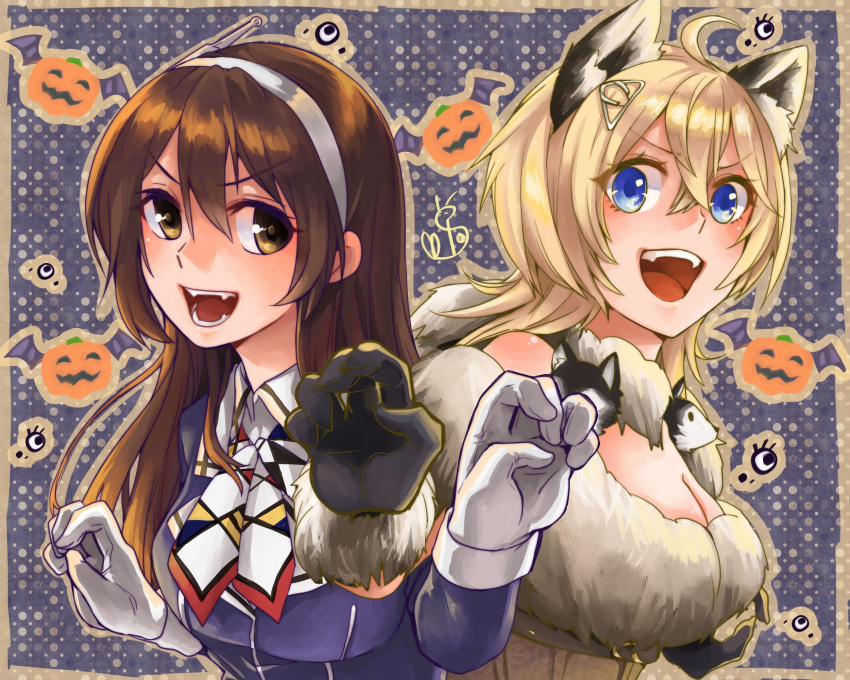 2girls animal_ears ashigara_(kancolle) ashigara_kai_ni_(kancolle) black_gloves blonde_hair blue_eyes blush breasts brown_eyes brown_hair cleavage commentary_request fake_animal_ears fangs gloves hair_between_eyes hair_ornament hairband halloween halloween_costume highres jack-o'-lantern kantai_collection large_breasts long_hair looking_at_viewer multiple_girls oeoeuhoho tuscaloosa_(halloween_mode)_(kancolle) tuscaloosa_(kancolle) upper_body white_gloves white_hairband