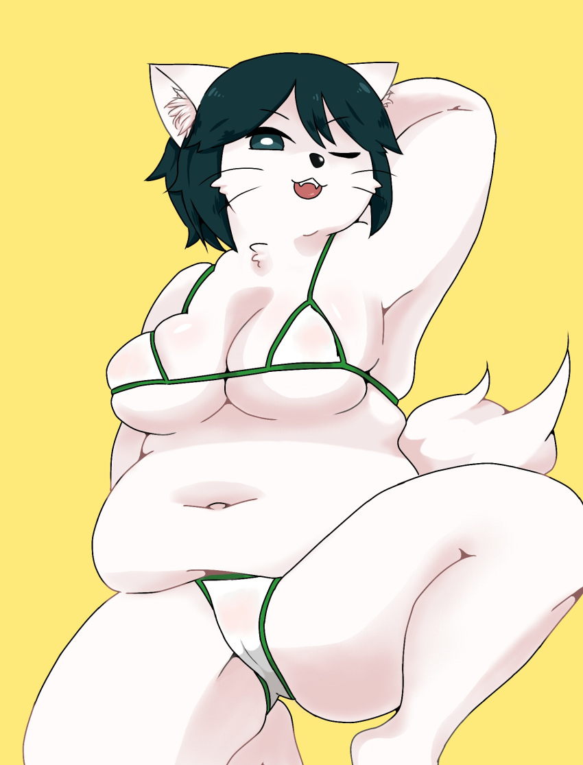 alternate_species anthro bikini camel_toe chanpuru_(nicoseiga67544477) clothing cookie_(touhou) domestic_cat fangs felid feline felis female fur furrification green_eyes green_hair hair hi_res inner_ear_fluff mammal micro_bikini milk_(cookie) navel one_eye_closed open_mouth simple_background slightly_chubby solo swimwear teeth tuft two-piece_swimsuit weight_gain white_bikini white_body white_clothing white_fur white_swimwear yellow_background