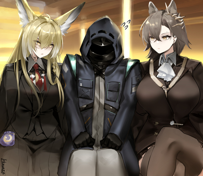 1other 2girls animal_ears arknights black_coat black_gloves black_jacket blonde_hair breast_pocket brown_hair brown_jacket brown_thighhighs clenched_hands closed_mouth coat commentary cowboy_shot crossed_legs doctor_(arknights) english_commentary eyes_visible_through_hair flying_sweatdrops girl_sandwich gloves group_picture hair_behind_ear hair_between_eyes hands_on_own_knees highres hood hood_up hooded_coat irkawaza jacket long_hair long_sleeves looking_at_another medium_hair mole mole_above_eye multiple_girls necktie nervous penance_(arknights) pocket red_necktie ribbon-trimmed_hood ribbon_trim sandwiched scar scar_on_cheek scar_on_face sitting thighhighs vulpisfoglia_(arknights) yellow_eyes