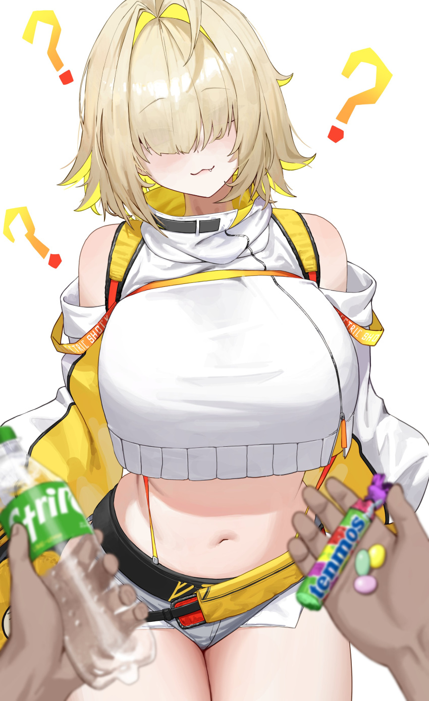 absurdres armpit_crease bare_shoulders blonde_hair blush breasts candy closed_mouth clothing_cutout colored_inner_hair crop_top crop_top_overhang cropped_sweater cropped_torso elegg_(nikke) eyes_visible_through_hair female food gloves goddess_of_victory:_nikke grey_shorts hair_between_eyes hair_intakes hair_over_eyes hands_on_own_chest hands_up highres holding holding_candy holding_food long_sleeves looking_at_viewer midriff multicolored_hair navel nikku_nana purple_eyes short_hair short_shorts shorts shoulder_cutout simple_background smile soda_bottle solo standing stomach suspenders sweater two-tone_gloves two-tone_hair vambraces white_background white_sweater yellow_gloves