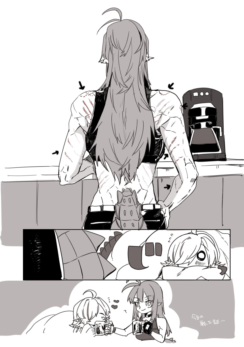 2girls absurdres arknights ban_syou bed bite_mark bite_mark_on_arm bite_mark_on_shoulder coffee coffee_maker coffee_mug coffee_pot commentary_request crocodilian_tail cup gavial_(arknights) gavial_the_invincible_(arknights) gloves greyscale hand_on_own_hip highres holding holding_cup monochrome mug multiple_girls pillow pointy_ears scratches tail tomimi_(arknights)