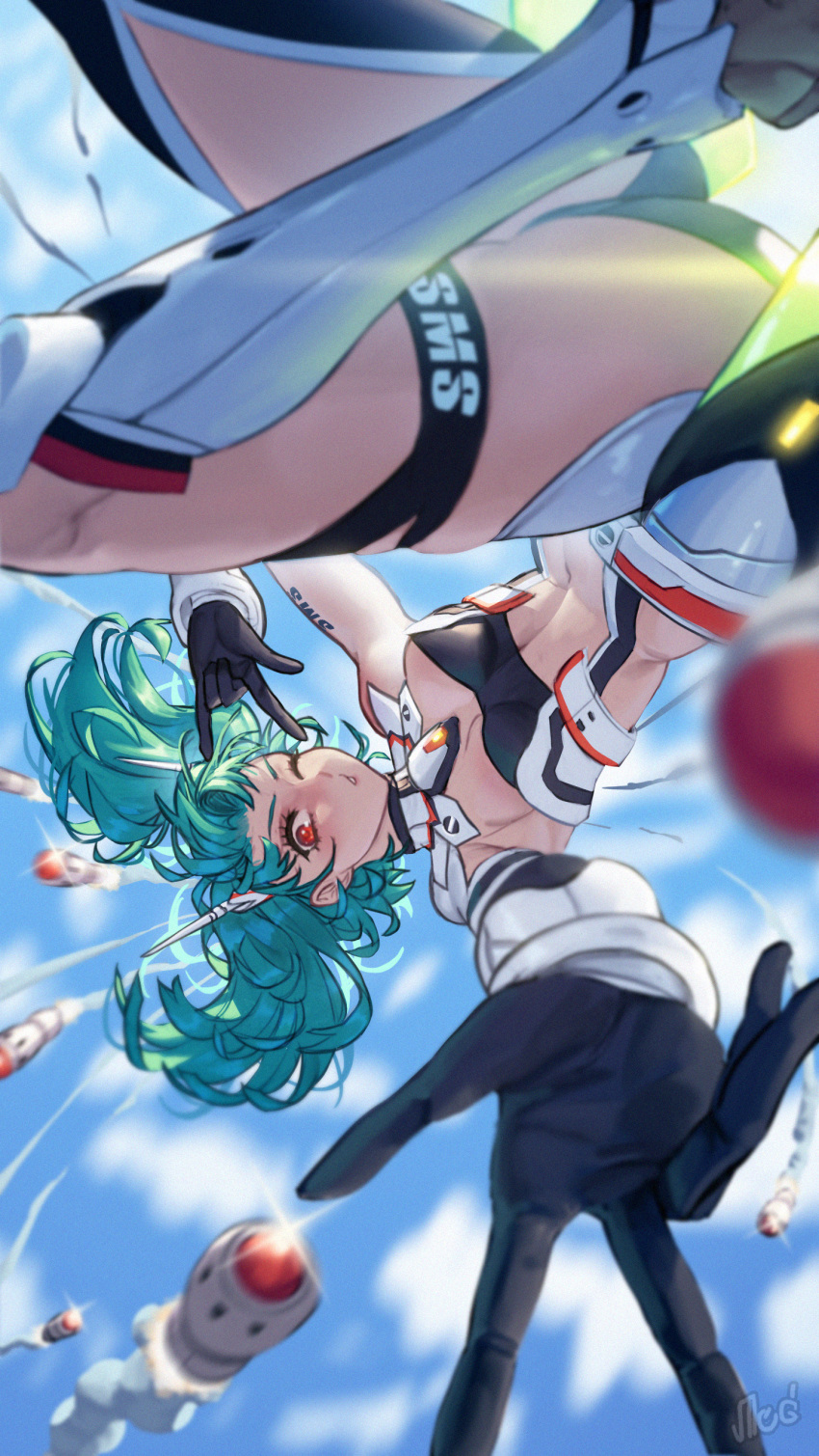 \m/ absurdres black_gloves blue_sky commentary female foreshortening gloves green_hair highres long_hair macross macross_frontier midair midriff missile navel one_eye_closed orewajedman ranka_lee red_eyes s.m.s. sky solo