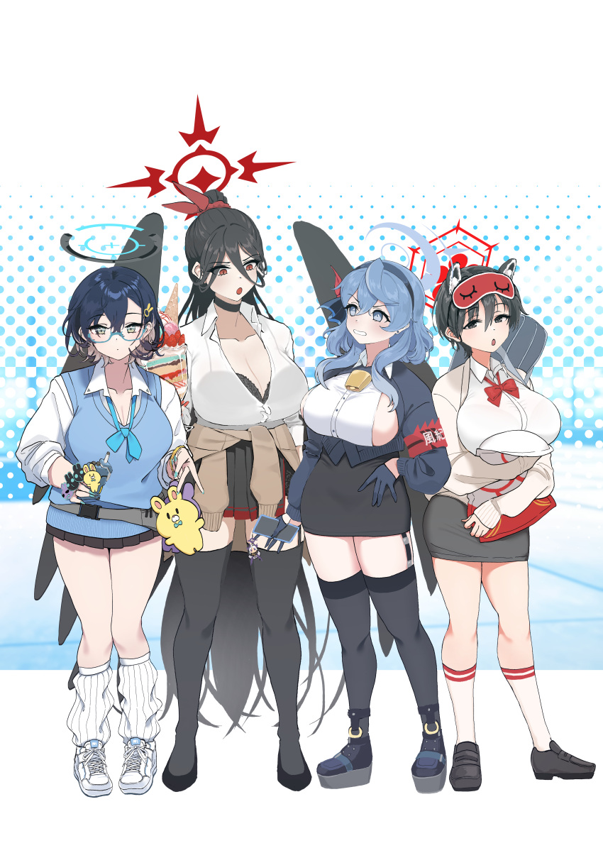 4girls absurdres ako_(blue_archive) animal_ears bell black_bra black_choker black_garter_straps black_hair black_skirt black_thighhighs black_wings blue-framed_eyewear blue_archive blue_hair blue_jacket blue_sweater_vest blush border bow bowtie bra bra_visible_through_clothes breasts brown_cardigan cardigan cardigan_around_waist cellphone chihiro_(blue_archive) choker cleavage clothes_around_waist collarbone earrings extra_ears feathered_wings fingernails full_body garter_straps glasses grey_skirt gyaru hair_between_eyes halo hasumi_(blue_archive) highres holding holding_phone huge_breasts hugging_object jacket jewelry kneehighs kogal large_breasts letterboxed long_hair long_hair_between_eyes looking_at_another looking_at_viewer loose_bowtie loose_socks mask mask_on_head multiple_girls nail_polish neck_bell parfait pencil_skirt phone platform_footwear pleated_skirt ponytail raccoon_ears red_bow red_bowtie revision semi-rimless_eyewear shirt shoes short_hair sideboob sideless_shirt skirt sleep_mask sneakers socks stud_earrings sweater_vest thighhighs tsubaki_(blue_archive) under-rim_eyewear underwear ushimochi v very_long_hair white_border white_shirt white_socks wings zettai_ryouiki