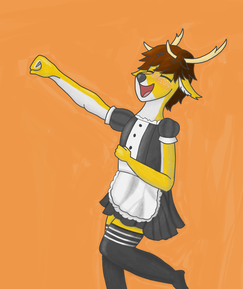 absurd_res anthro antlers blush bottomwear brown_body brown_fur brown_hair closed_eyes clothed clothing dancing deer digital_media_(artwork) femboy fist footwear freckled_face freckles fur hair happy hi_res horn keith_(kokopingas98) kokopingas98 legwear maid_uniform male mammal multicolored_body multicolored_fur new_world_deer open_mouth pose raised_arm raised_fist raised_hand simple_background skirt smile socks solo standing thigh_highs tongue uniform white-tailed_deer white_body white_fur