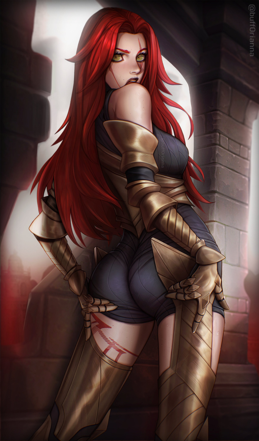 :o absurdres armored_legwear ass ass_support bare_shoulders brick_wall day female from_behind gauntlets highres indoors katarina_(league_of_legends) league_of_legends leg_tattoo long_hair orange_eyes orianna_(bufforianna) red_hair red_lips scar scar_across_eye solo tattoo teeth upper_teeth_only