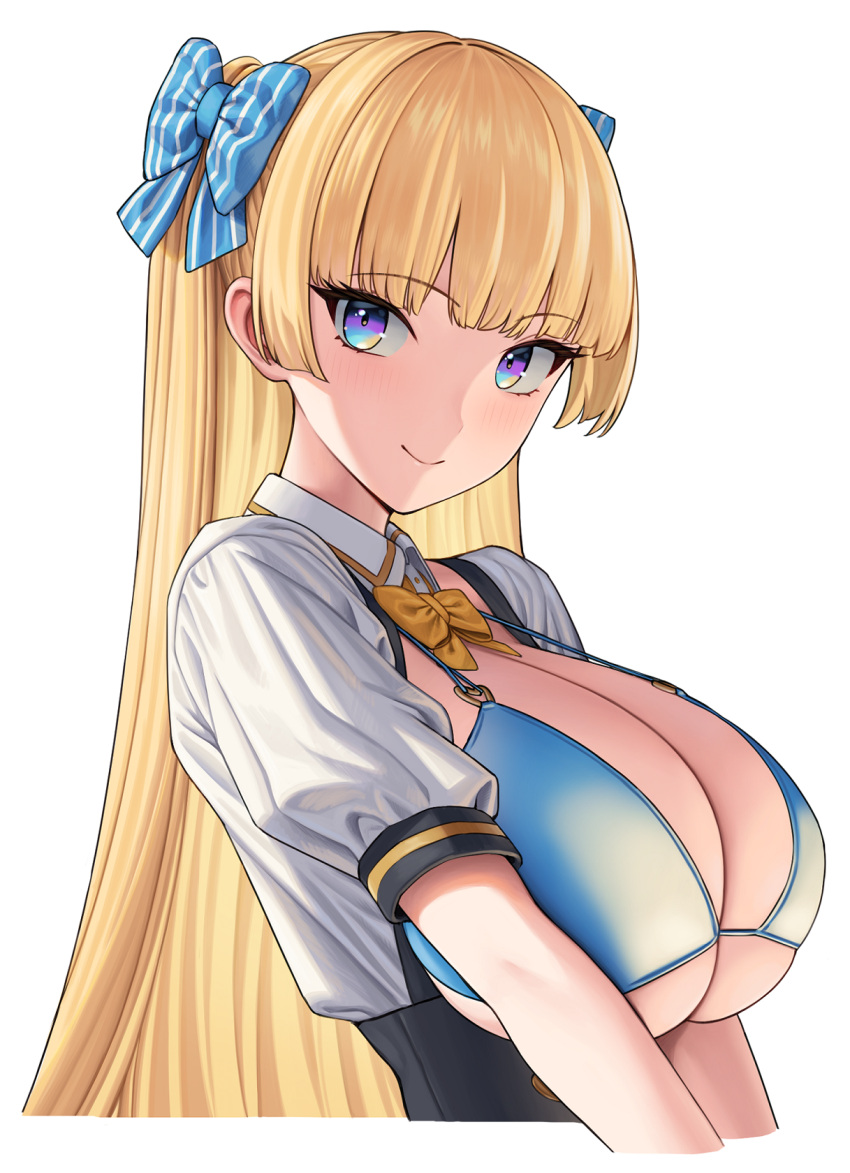 bikini bikini_top_only blonde_hair blue_bikini blue_bow blue_eyes blush bow bowtie breastless_clothes breasts cleavage closed_mouth commentary_request female hair_intakes hairbow highres large_breasts lina_(michihasu) long_hair looking_at_viewer michihasu multiple_views orange_bow orange_bowtie original short_sleeves simple_background smile solo striped_bow swimsuit teeth two_side_up upper_teeth_only vertical-striped_bow white_background