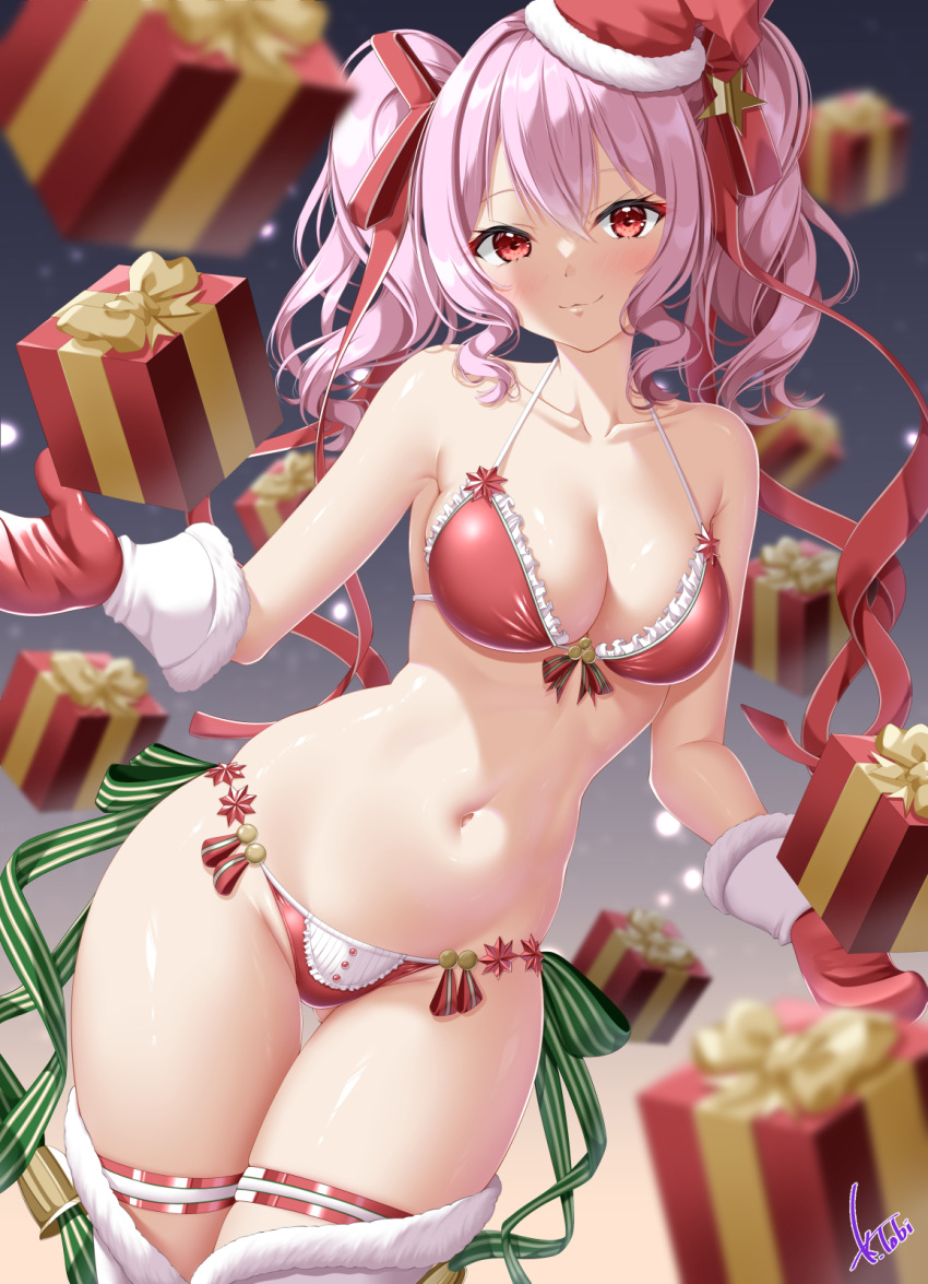 :3 bare_shoulders bikini blurry blurry_background blurry_foreground blush box breasts christmas christmas_present cleavage closed_mouth collarbone commentary_request commission female gift gift_box gloves green_ribbons hair_ribbon hat highres kogarashi_tobi large_breasts looking_at_viewer navel phantasy_star phantasy_star_online_2 phantasy_star_online_2_new_genesis pink_eyes pink_hair protagonist_(pso2) red_bikini red_gloves red_hat red_ribbon ribbon santa_hat signature skeb_commission smile solo stomach swimsuit thighhighs thighs twintails white_thighhighs