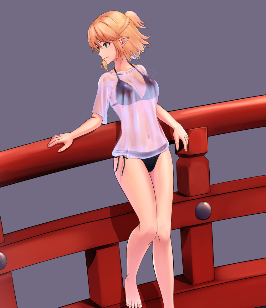 absurdres barefoot bikini black_bikini blonde_hair breasts cleavage feet_out_of_frame female green_eyes grey_background half_updo highres leaning_back looking_to_the_side medium_breasts mikotouca mizuhashi_parsee pointy_ears see-through_clothes see-through_shirt shirt short_hair side-tie_bikini_bottom solo swimsuit touhou white_shirt