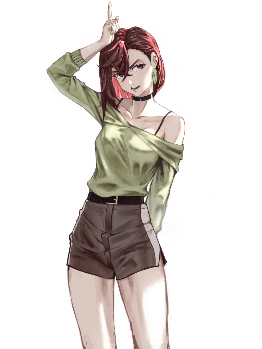 absurdres arm_up ayase_momo belt black_belt black_choker bra_strap brown_shorts choker dandadan duglas7u7 earrings female green_sweater highres index_finger_raised jewelry open_mouth short_shorts shorts simple_background solo sweater white_background