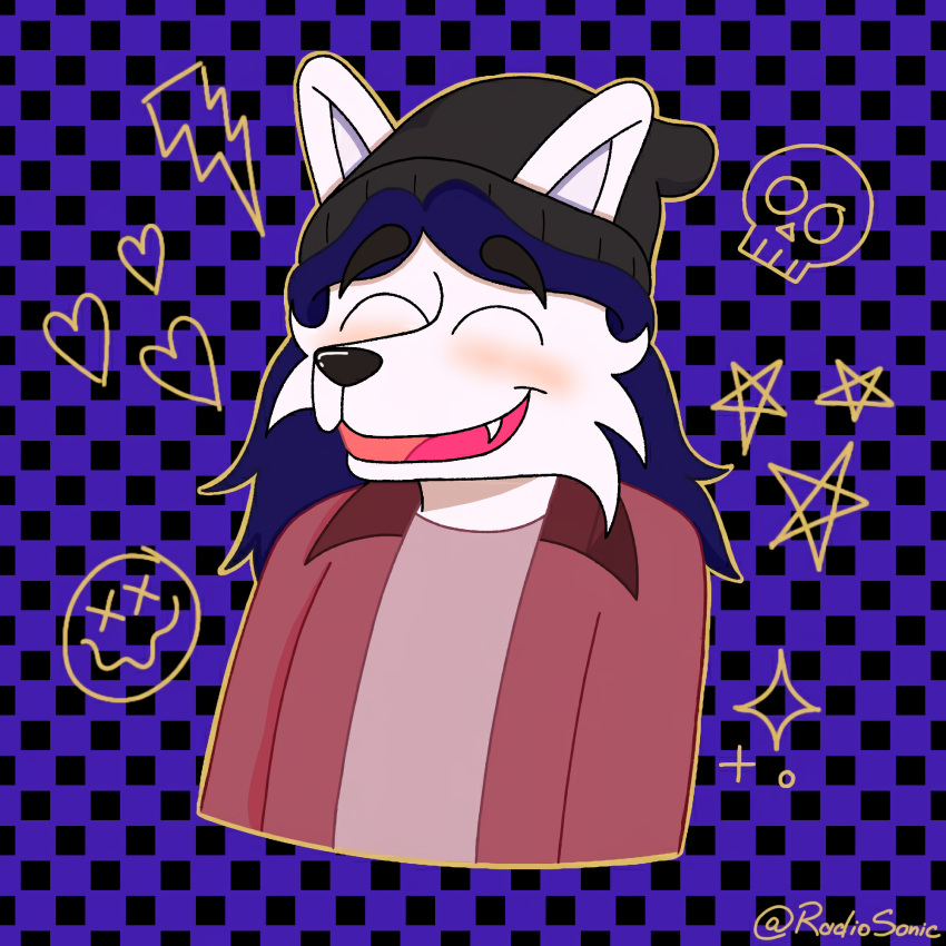 alex_(radiosonic94) alternative_fashion anthro black_nose blue_hair brush canid canine canis clothing domestic_dog emo eyebrows fur grey_clothing grey_hat grey_headwear hair happy hat headgear headwear heart_symbol hi_res jacket male mammal nirvana_logo purple_background purple_clothing purple_jacket purple_shirt purple_topwear radiosonic94 raised_eyebrow rock shirt simple_background skull_symbol smile smiley_face solo star star_symbol symbol tongue topwear white_body white_fur white_skin winter_hat