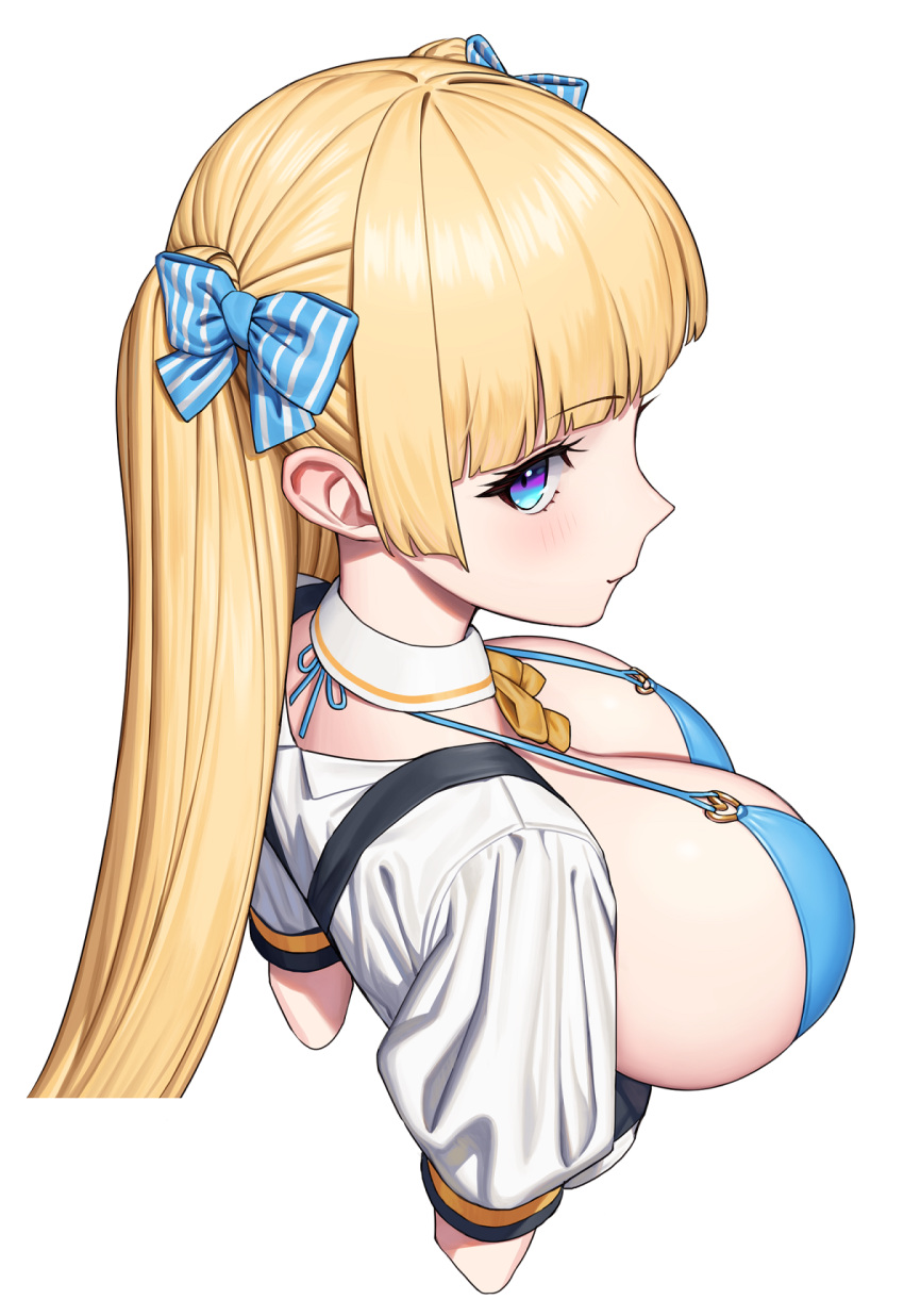 bikini blonde_hair blue_bikini blue_bow blue_eyes blush bow breastless_clothes breasts closed_mouth female from_above from_behind hairbow highres large_breasts lina_(michihasu) long_hair looking_at_viewer michihasu original puffy_short_sleeves puffy_sleeves short_sleeves simple_background solo striped_bow swimsuit two_side_up vertical-striped_bow white_background