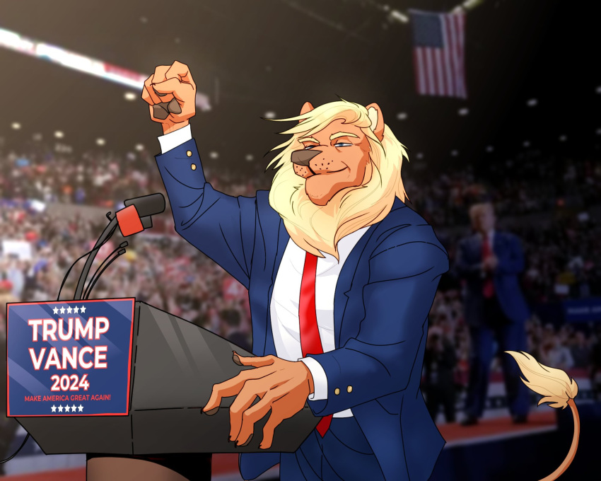 2024 5_fingers anthro biped black_claws blonde_eyebrows blonde_mane blue_eyes claws clothed clothing donald_trump electronics english_text eyebrows felid fingers fist group hi_res human krampusmadart lion male mammal mane microphone necktie pantherine photo_background photography_(artwork) podium political_endorsement politics raised_fist raised_hand red_necktie smile suit tail text