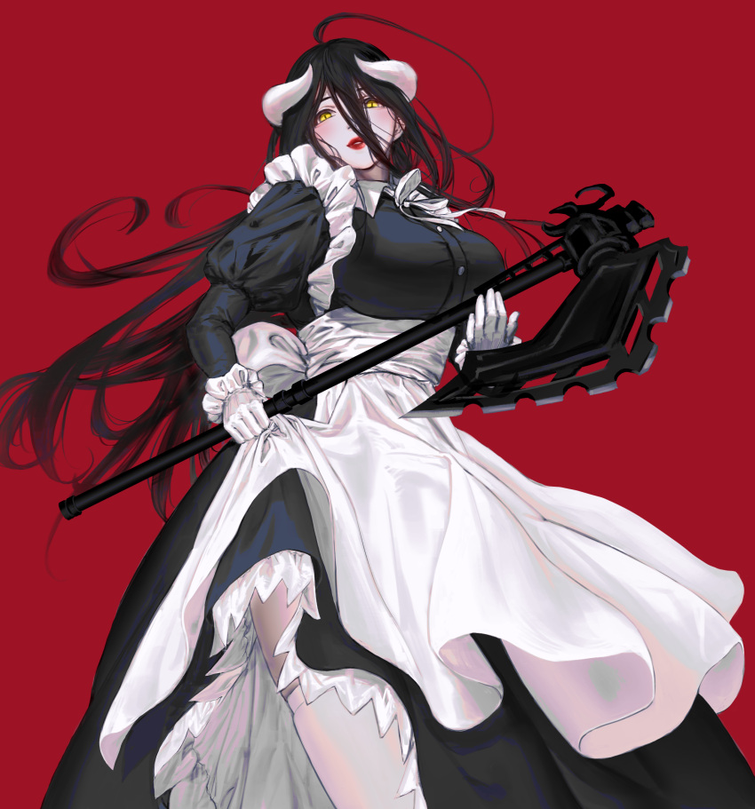 absurdres albedo_(overlord) axe battle_axe black_dress demon_girl demon_horns dress female giant_carrot highres holding holding_axe holding_weapon horns long_hair looking_at_viewer maid overlord_(maruyama) solo thighhighs very_long_hair weapon white_thighhighs yellow_eyes