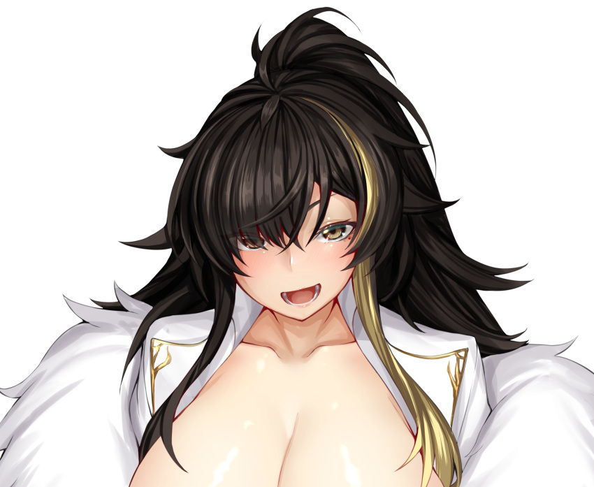 absurdres azur_lane black_hair breasts cleavage collarbone female fur_trim harbin_(azur_lane) highres jacket large_breasts looking_at_viewer miso_tanuki multicolored_hair open_clothes open_jacket open_mouth ponytail simple_background solo streaked_hair teeth white_background white_jacket yellow_eyes