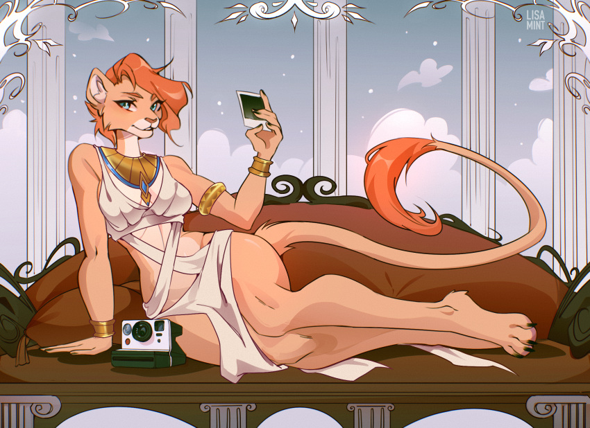 5_finger_fingering ah'lina_the_lioness anthro armlet breasts camera ears_up felid feline female greek_clothing hi_res holding_photo lion lisaamint looking_at_viewer mammal pantherine photo pillar snow solo