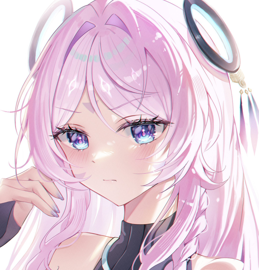 bare_shoulders blue_eyes citlali_(genshin_impact) female genshin_impact grey_nails hair_intakes hand_up highres ien_(to_yen) long_hair nail_polish pink_hair simple_background solo white_background