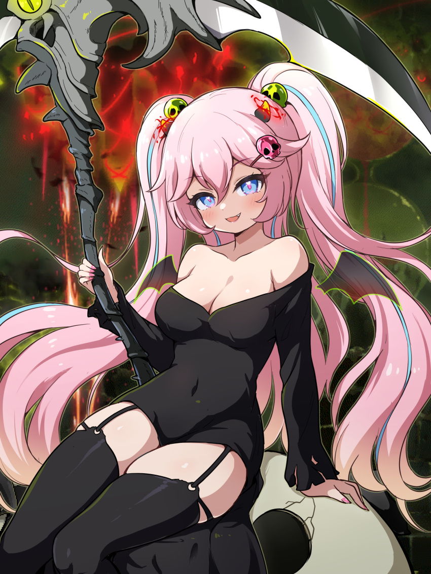 :d angelic_buster black_shirt black_thighhighs blue_eyes blue_hair blush breasts cleavage commentary_request covered_navel female garter_straps hair_between_eyes hair_ornament hairclip highres holding holding_scythe horns long_hair long_sleeves looking_at_viewer maplestory medium_breasts multicolored_hair nekono_rin oerba_yun_fang off-shoulder_shirt off_shoulder pink_hair scythe shirt skull_hair_ornament sleeves_past_wrists smile solo streaked_hair thighhighs twintails very_long_hair