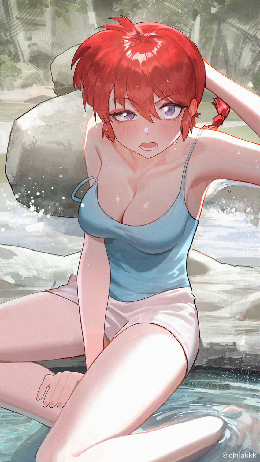 :o aqua_camisole arm_behind_head arm_up armpits bare_legs breasts camisole chilakkk cleavage collarbone commentary_request female highres looking_at_viewer medium_breasts outdoors ranma-chan ranma_1/2 red_hair refraction saotome_ranma shorts sitting solo strap_slip twitter_username uneven_eyes white_shorts