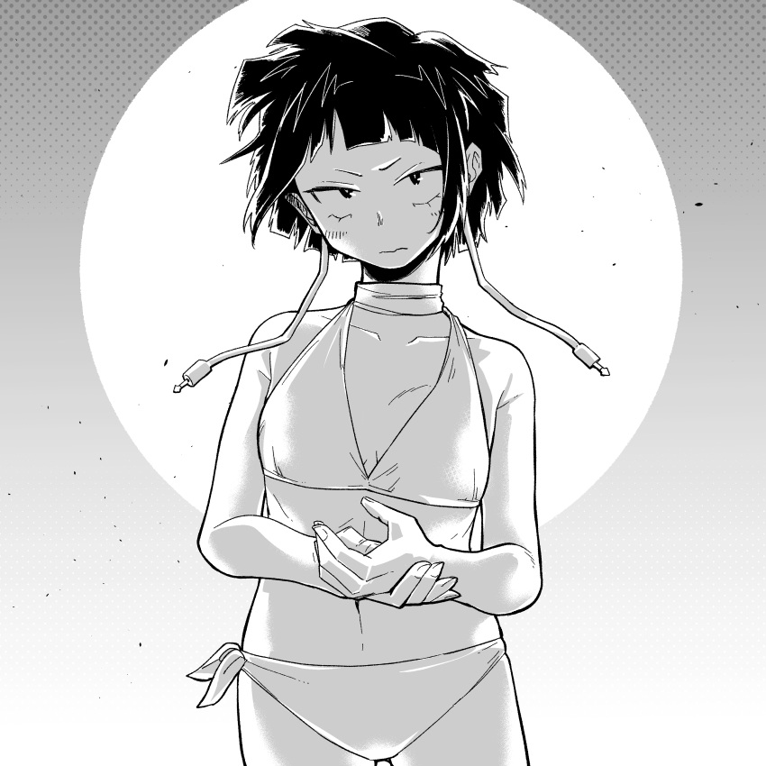 absurdres audio_jack bikini blush boku_no_hero_academia collarbone female highres jirou_kyouka long_earlobes looking_at_viewer mangakashibou messy_hair monochrome navel short_hair side-tie_bikini_bottom swimsuit