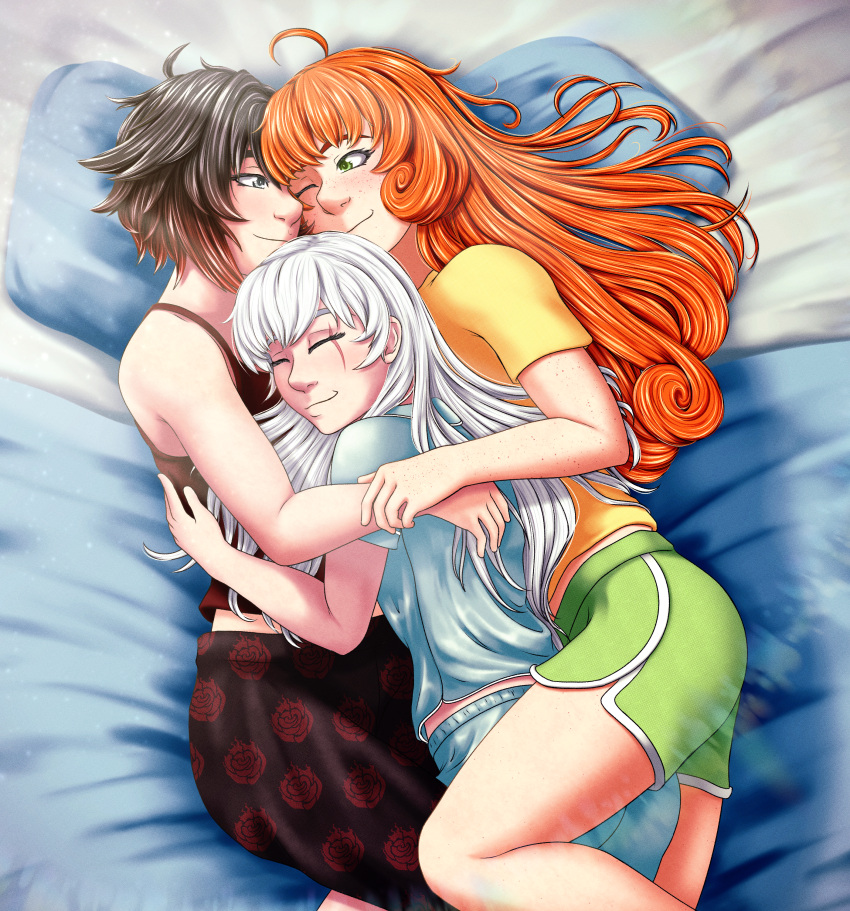 3girls absurdres ahoge bed bed_sheet black_hair blush closed_eyes commission dolphin_shorts draco9625 english_commentary floral_print green_eyes green_shorts grey_eyes highres hug hug_from_behind long_hair lying midriff multiple_girls multiple_views on_side orange_hair pajamas penny_polendina pillow rose_print ruby_rose rwby scar scar_across_eye shirt short_hair shorts sleeping smile tank_top very_long_hair weiss_schnee white_hair yuri