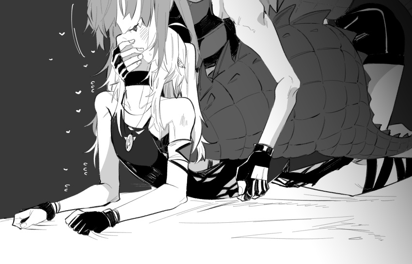 2girls arknights ban_syou bed crocodilian_tail gavial_(arknights) gavial_the_invincible_(arknights) gloves greyscale hand_on_another's_neck hand_on_another's_stomach highres kissing large_tail monochrome multiple_girls partially_fingerless_gloves pointy_ears tail tomimi_(arknights) torn_clothes yuri