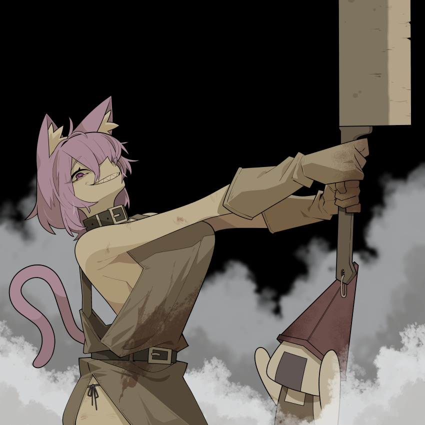 absurdres ahoge animal_ear_fluff animal_ears black_background black_collar breasts brown_gloves cat_ears cat_girl cat_tail cocomayo29_(tomato) collar commentary_request cosplay female gloves grin hair_over_one_eye helmet highres holding holding_sword holding_weapon hololive korean_commentary large_breasts looking_at_viewer nekomata_okayu onigirya_(nekomata_okayu) purple_hair pyramid_head pyramid_head_(cosplay) sharp_teeth silent_hill_(series) silent_hill_2 smile solo sword tail teeth upper_body virtual_youtuber weapon