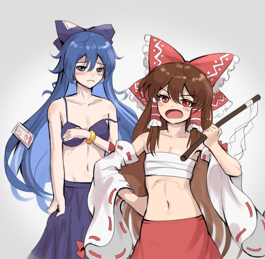 2girls bare_shoulders blue_bow blue_bra blue_eyes blue_hair blue_skirt blush bow bra brown_hair chest_sarashi collarbone covering_breasts covering_privates detached_sleeves edz_drawz flat_chest frown gohei hair_tubes hairbow hakurei_reimu hand_on_own_hip hand_up highres holding holding_gohei long_hair looking_at_viewer multiple_girls navel no_shirt open_mouth red_bow red_eyes red_skirt sarashi simple_background skirt stomach touhou underwear upper_body v-shaped_eyebrows very_long_hair white_background yorigami_shion